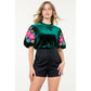 Velvet Embroidered Detail Puff Sleeve Top