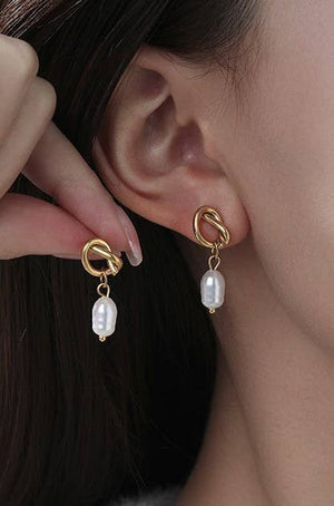 Gold Knot Pearl Drop Earrings