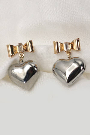 Mixed Metal Rhinestone Bow Heart Drop Earrings