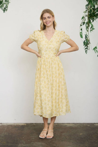 Butter Yellow Floral Midi Dress