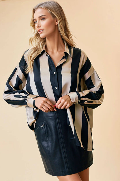 Oversized Striped Satin Button Down Blouse
