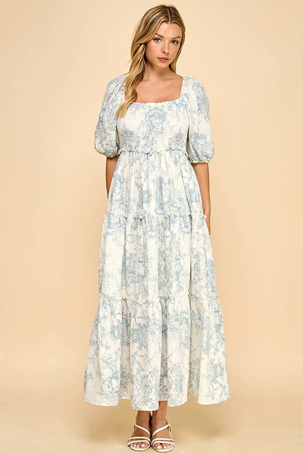 Hattie Puff Blue Vintage Print Tiered Maxi Dress