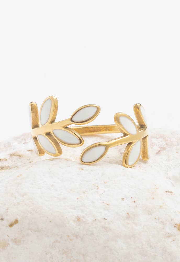 Seeds of Hope Ring in Ivory- Seeds of Hope Ring- Adjustable Spiral Twist Gold Plated Ring with Leaf Design