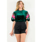 Velvet Embroidered Detail Puff Sleeve Top