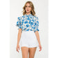 Flower Print Smocked Sleeve Peplum Top