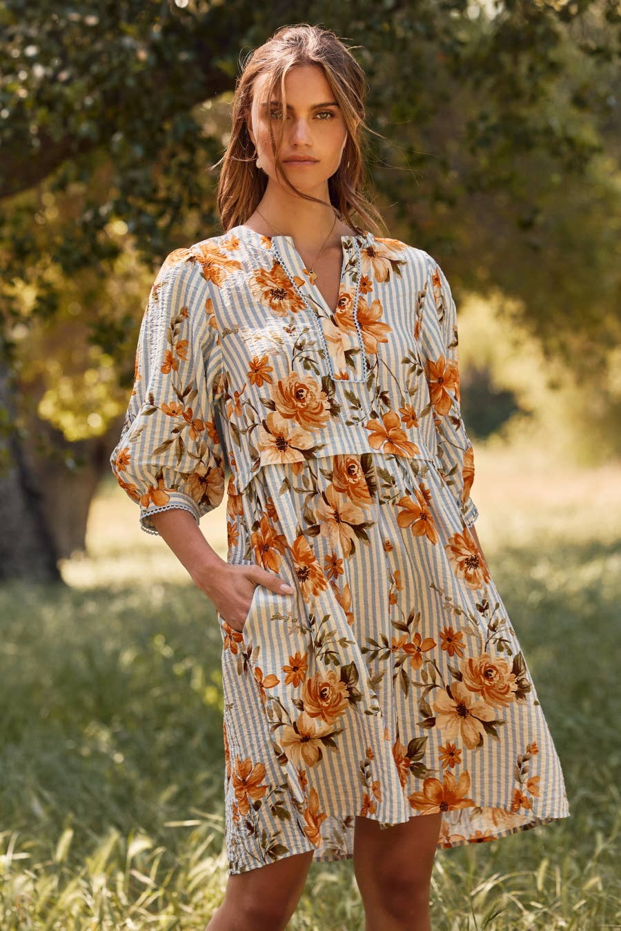 PLUS Striped Floral Printed Dress PLUS Striped Floral Printed Dress