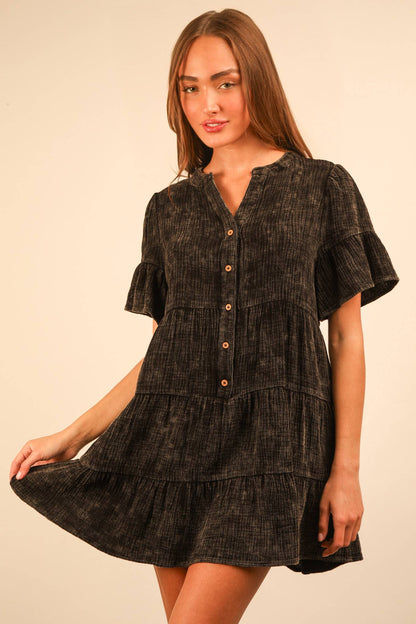Mineral Washed Bell Sleeve Woven Mini Dress