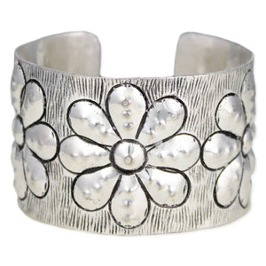 Embossed Silver Flower Cuff Bracelet