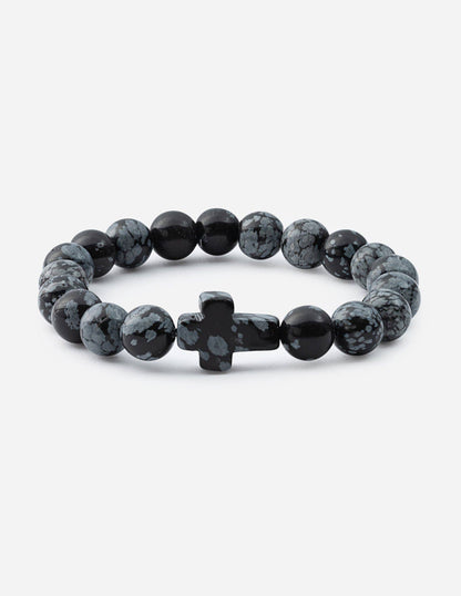 Obsidian Cross Beaded Bracelet in Natural Stone