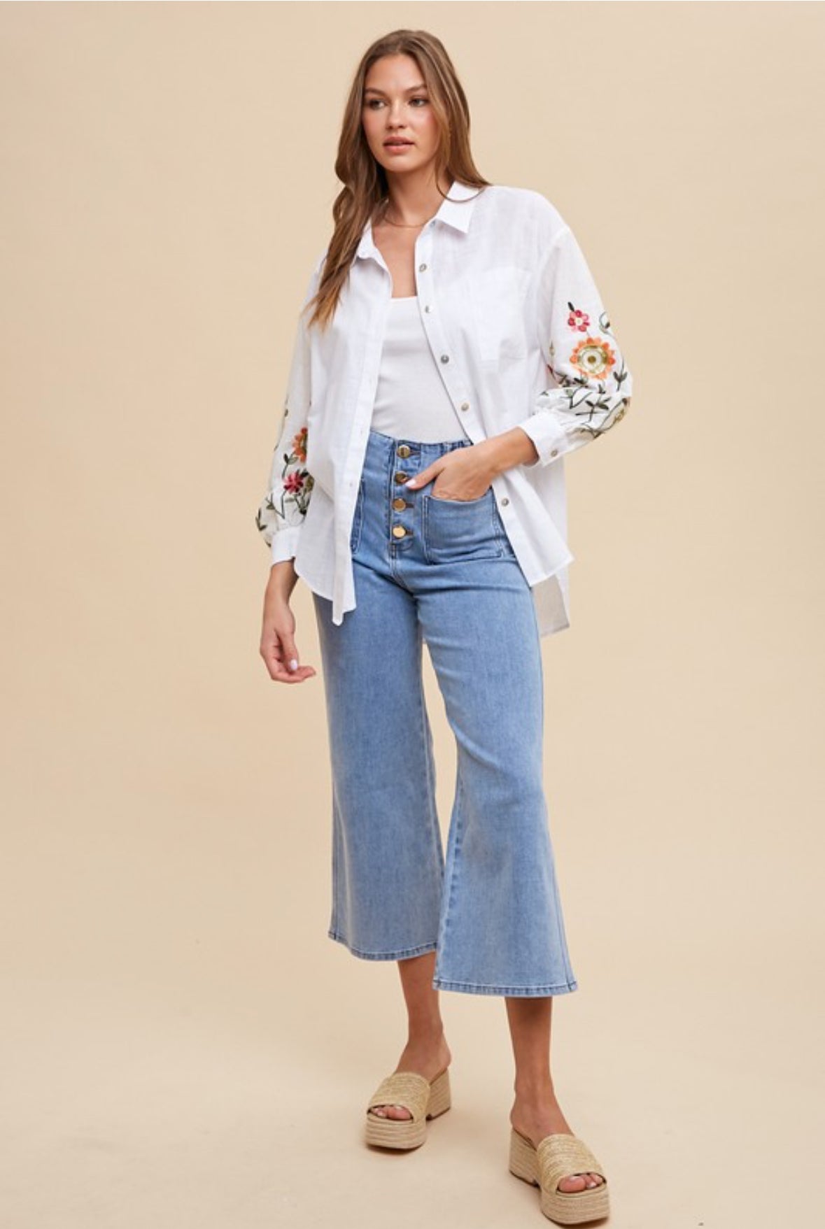 Summer Elegance Embroidered Long Sleeve Button Down Top