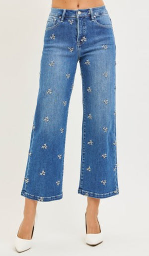 Risen Tummy Control High Rise-Crop Wide-Embroidered Jeans