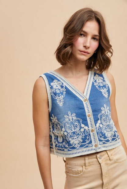 Embroidered Washed Denim Vest