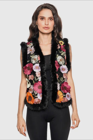 Joanie Black Floral Vest with Fur