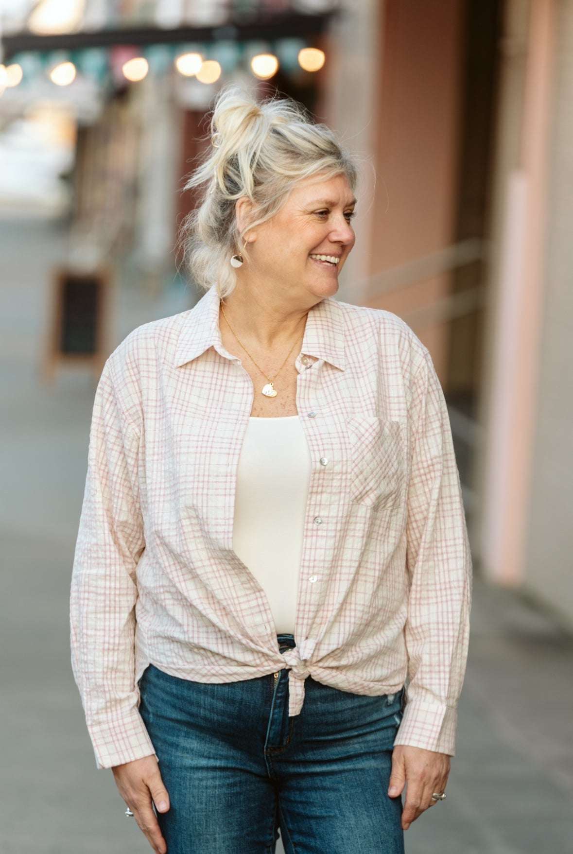 Oversized Textured Plaid in Pink Button Down