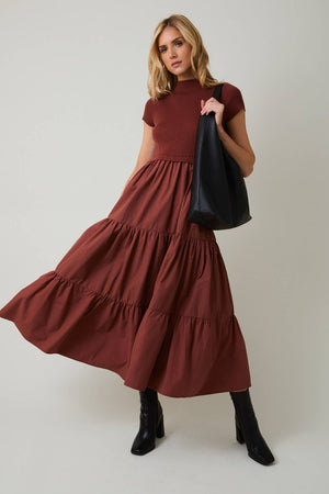 Mock Neck Knit & Woven Mixed Monochromatic Dress