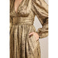 SALE SHINY NIGHTTIME METALLIC PLUNGE NECK MIDI DRESS