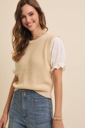 Woven Puff Sleeve Sweater Vest Top