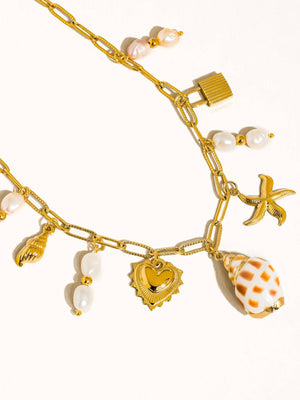 SALE Ophélie 18K Gold Non-Tarnish Shell and Pearl Charm Necklace