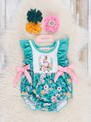 Pine Green Floral Bunnies Bubble Romper