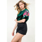 Velvet Embroidered Detail Puff Sleeve Top
