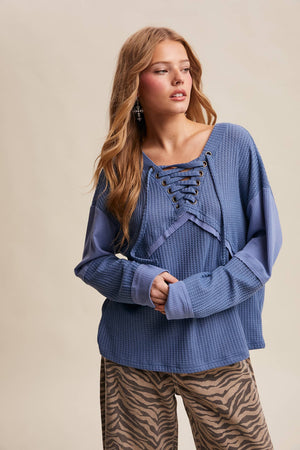Lace-Up Thermal Waffle Top