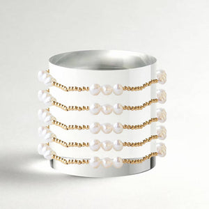Gilded Gold Beaded Stretch Bracelets, Trio, Pearl