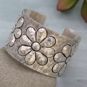 Embossed Silver Flower Cuff Bracelet