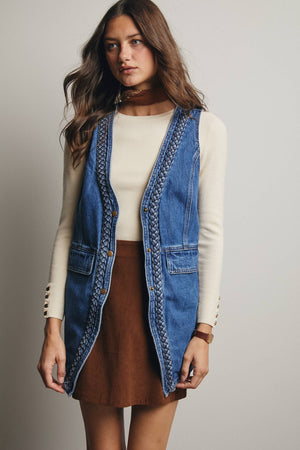 Braided Trim Denim Vest
