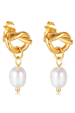 Gold Knot Pearl Drop Earrings