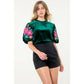 Velvet Embroidered Detail Puff Sleeve Top
