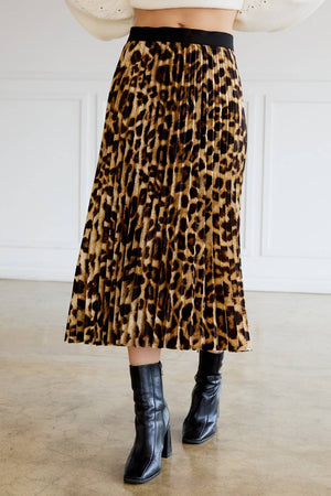Leopard Print Pleated Midi Skirt