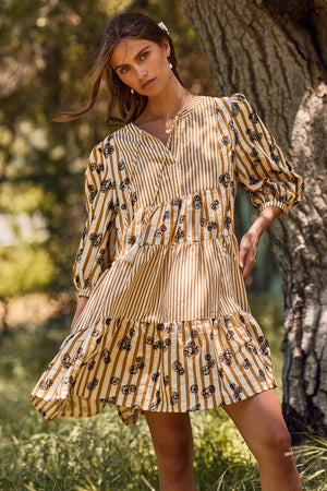 PLUS Flocked Floral Striped Baby Doll Dress