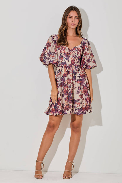 Vanessa Floral Bubble Sleeve Mini Dress