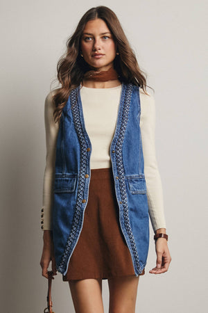Braided Trim Denim Vest