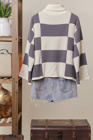 Checkerboard Flower Knit Turtleneck Sweater