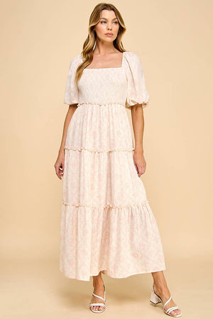 Sophie Puff Pink Porcelain Print Tiered Maxi Dress
