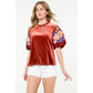 Velvet Embroidered Detail Puff Sleeve Top