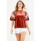 Velvet Embroidered Detail Puff Sleeve Top