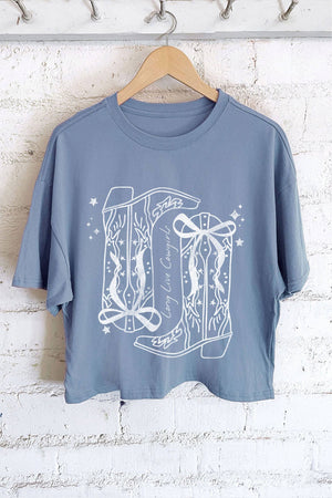 LONG LIVE COWGIRL WESTERN BOW BOOTS GRAPHIC LONG CROP TOP