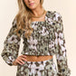 Floral Print Smocked Pleated Long Sleeve Crop Top