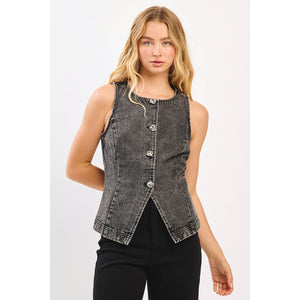 Boat Neck Fitted Denim Vest