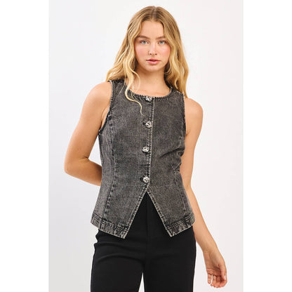 Boat Neck Fitted Denim Vest