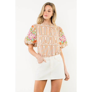Flower Embroidered Puff Sleeve Print Top