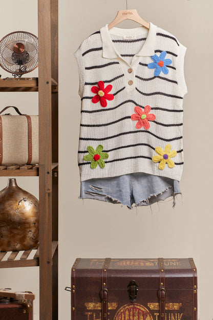 Stripe Knit Top with Daisy Patch