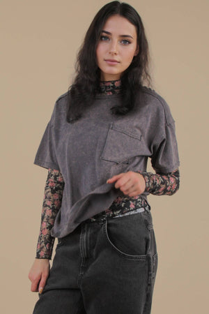 Mineral Washed Knit Top with Pocket