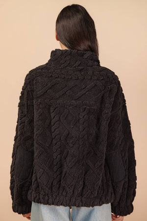 Fuzzy Fleece Cozy Cable Pattern Zip Up Jacket