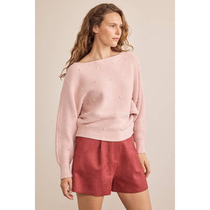 Pearl Embellished Pink Boatneck Sweater