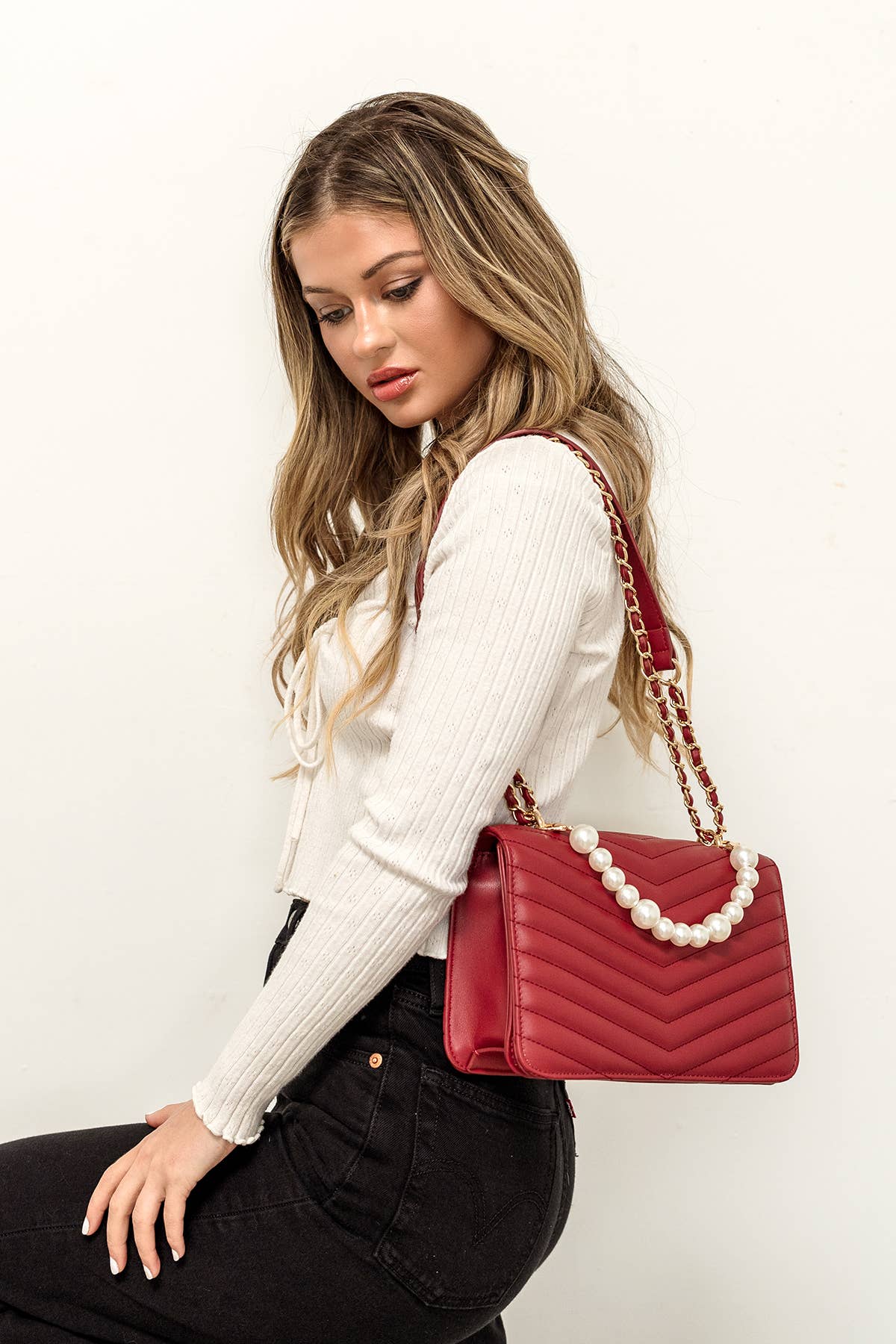 Ira Chevron Crossbody w/ Pearl Handle