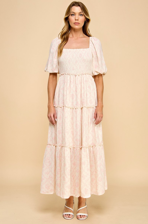 Sophie Puff Pink Porcelain Print Tiered Maxi Dress
