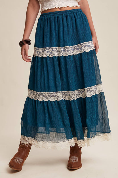 Fall for Me Tiered Lace-Trim Maxi Skirt